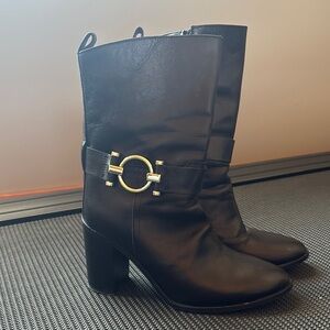 Elegant Black Heeled Boots with Gold Accent